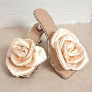Gianni Bini Satin Cream Floral Clear Kitten Heel Sandals Women Size 6.5